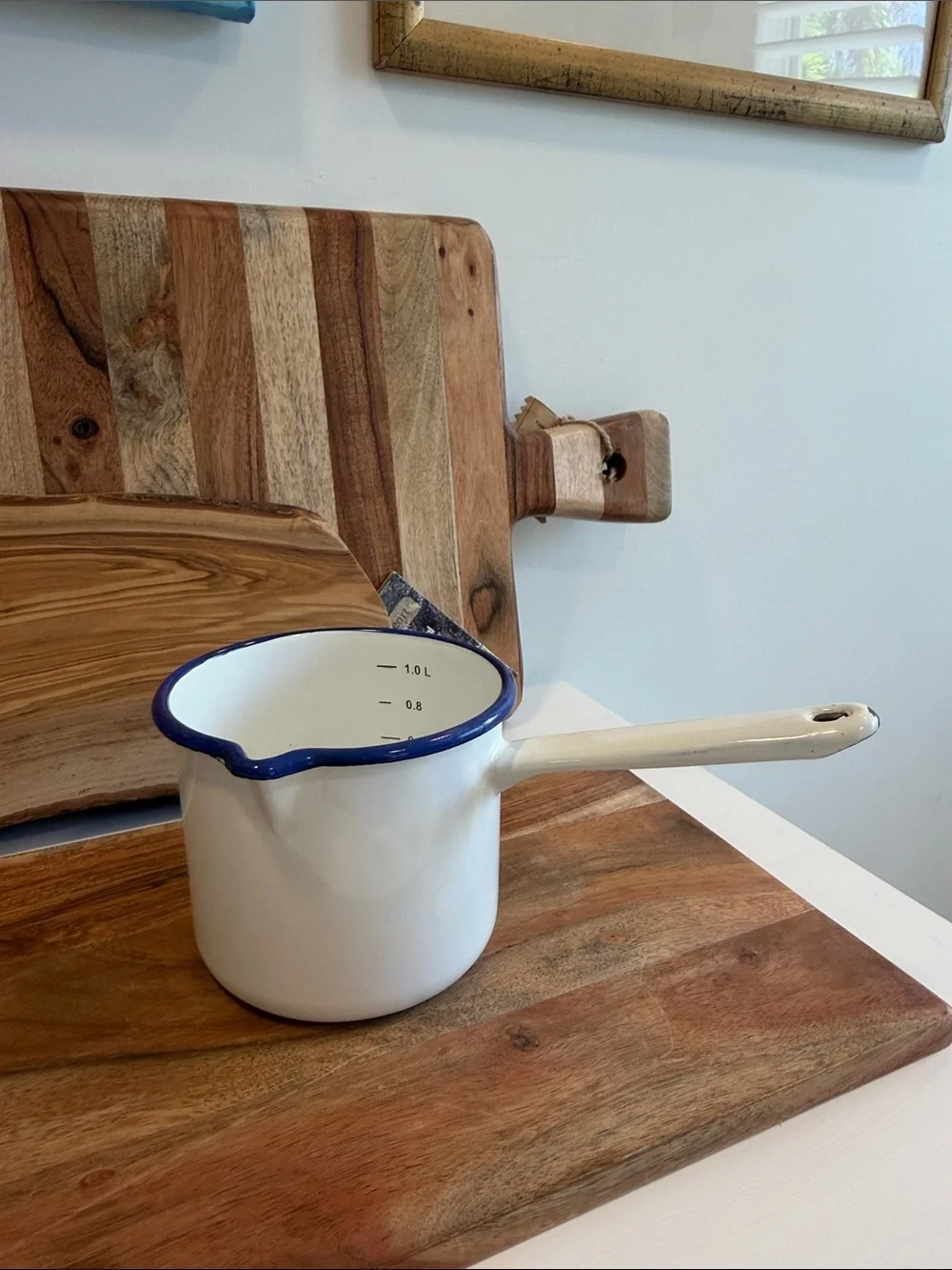 Vintage European White Enamel Milk Pan with Blue Rim